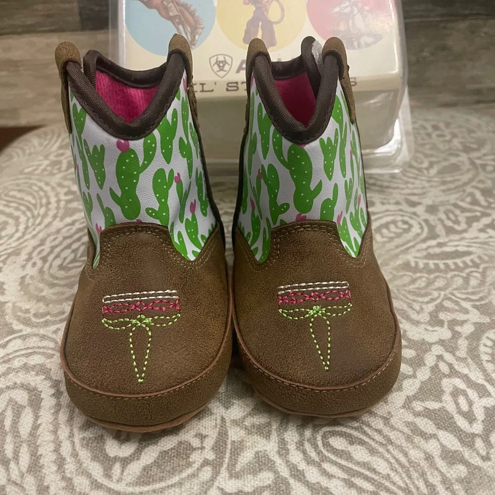 Ariat Lil Stompers Infant Girls Cactus Print Cowboy Boots Brown Pink Size 1